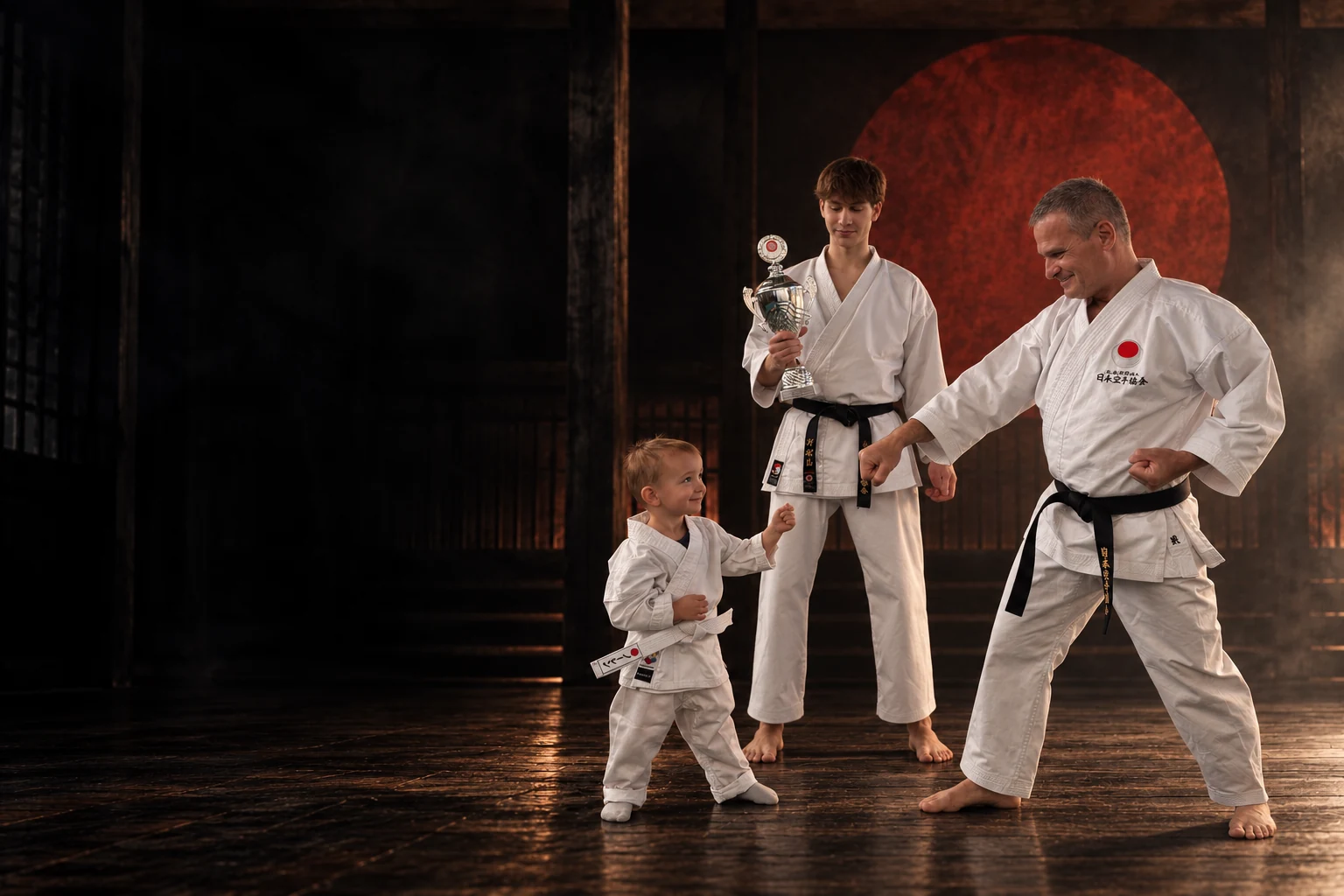 Shotokan karateka fehér karateruhában, vörös napkorong előtt – illusztráció