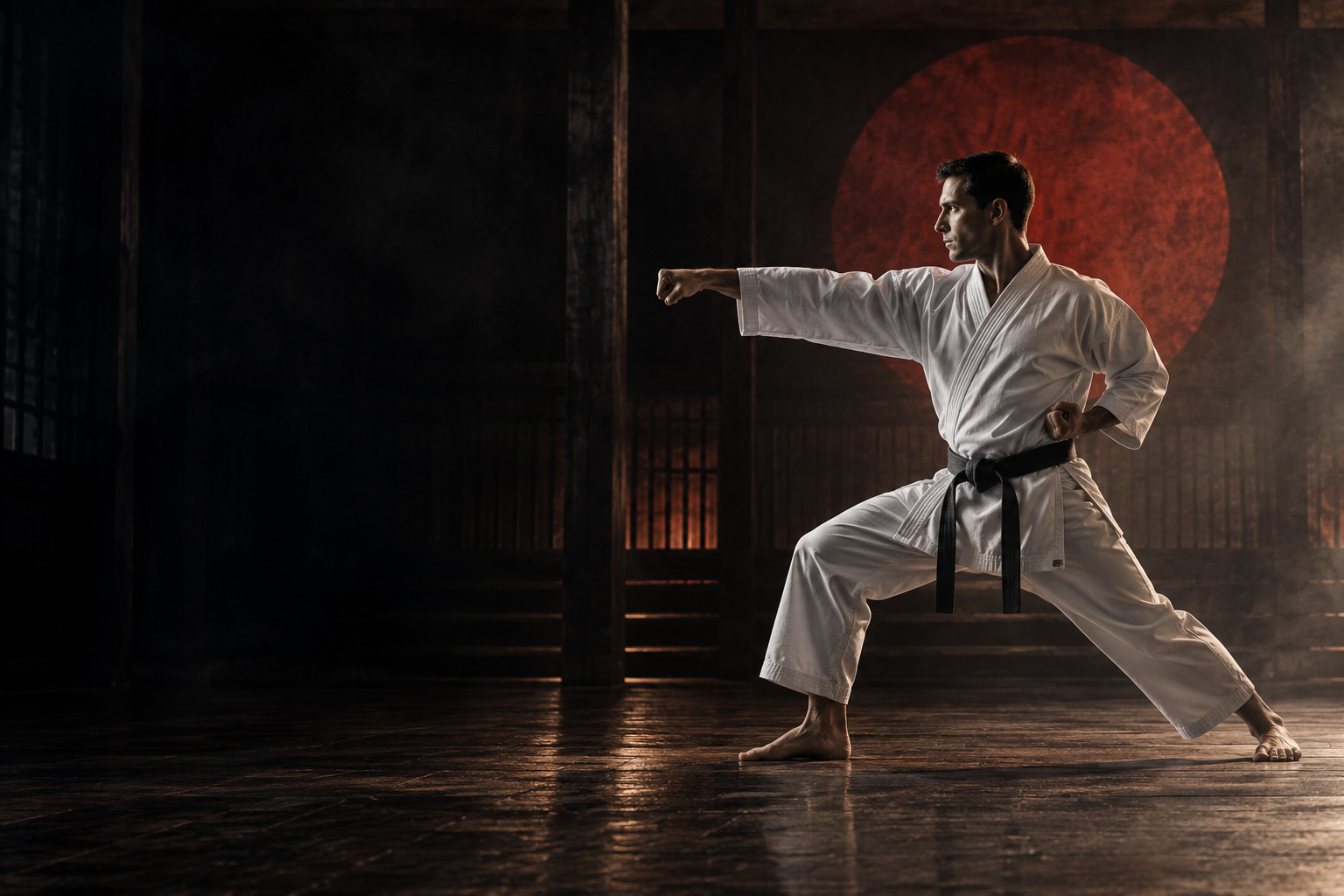 Shotokan karateka fehér karateruhában, vörös napkorong előtt – illusztráció